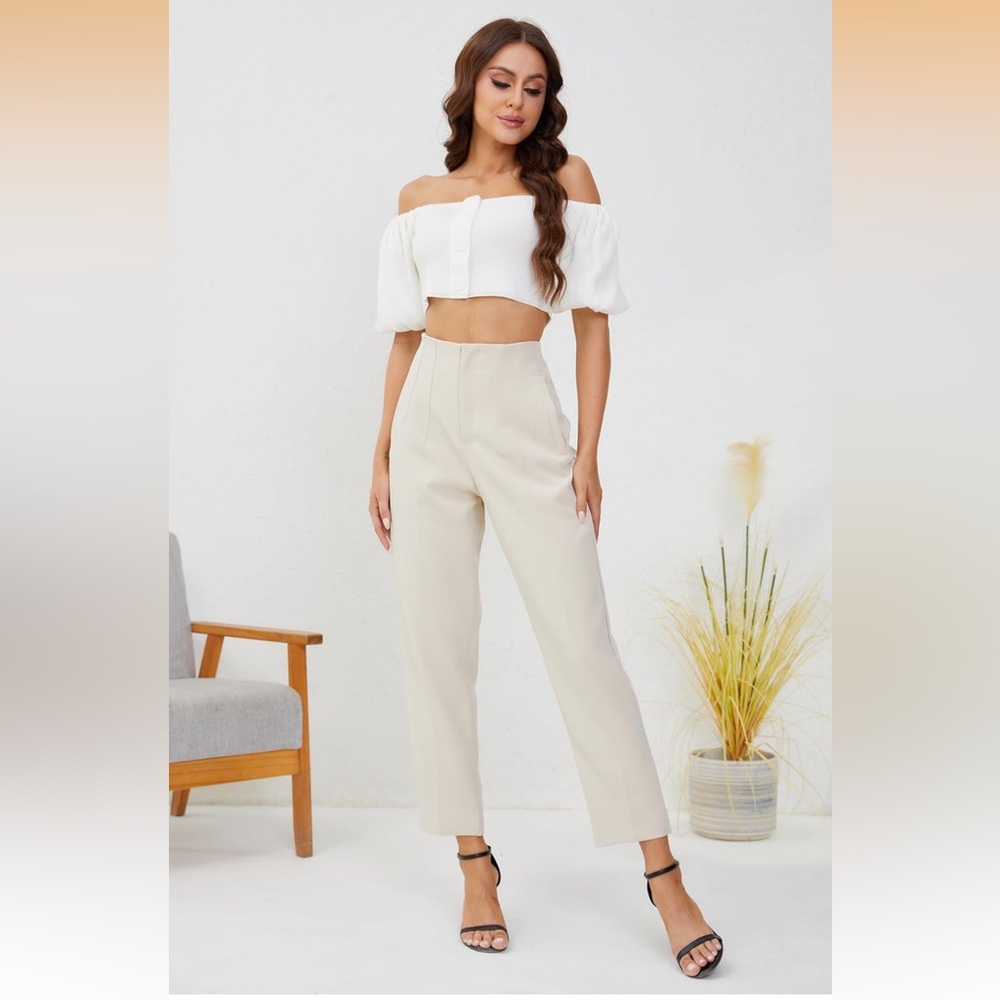 Women's High Waisted Business Trousers Straight Leg Pleated Office Slacks Pants